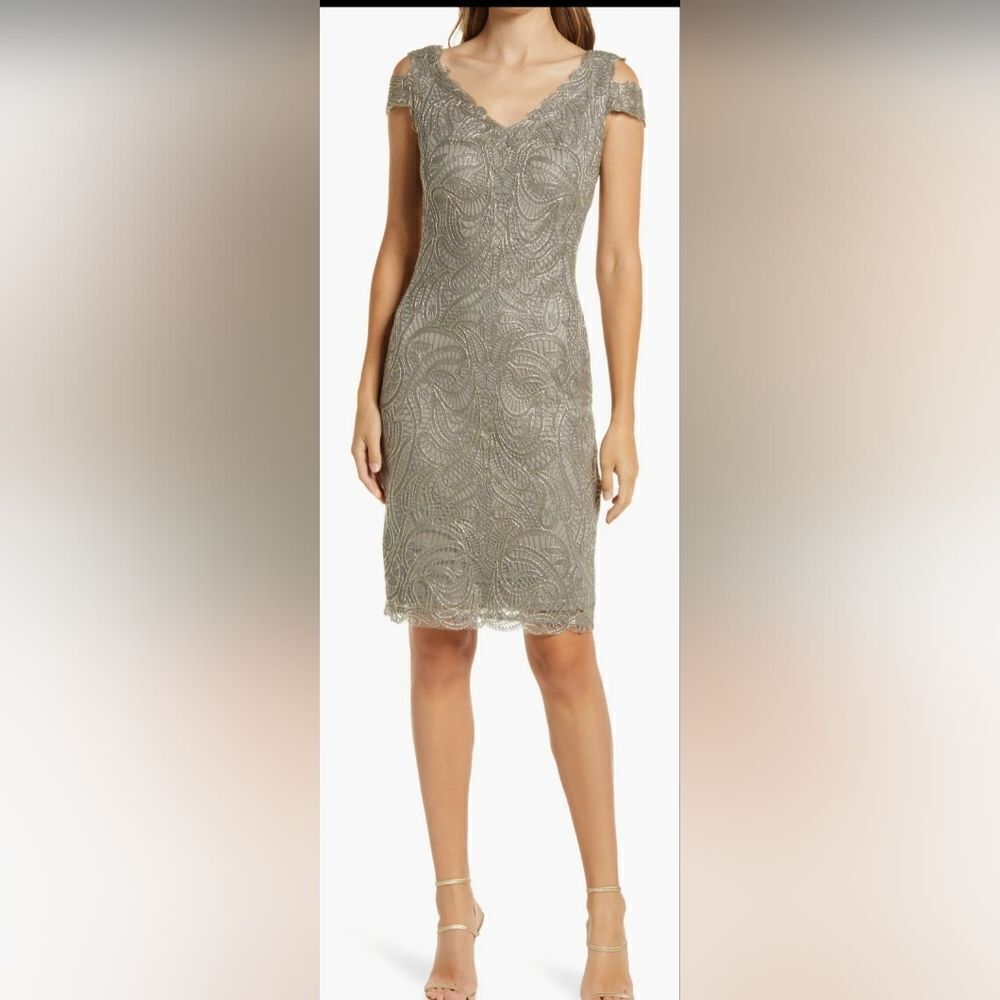 TADASHI SHOJI Cold Shoulder Lace Cocktail Dress NWT size 6 Smoke Pearl Gray